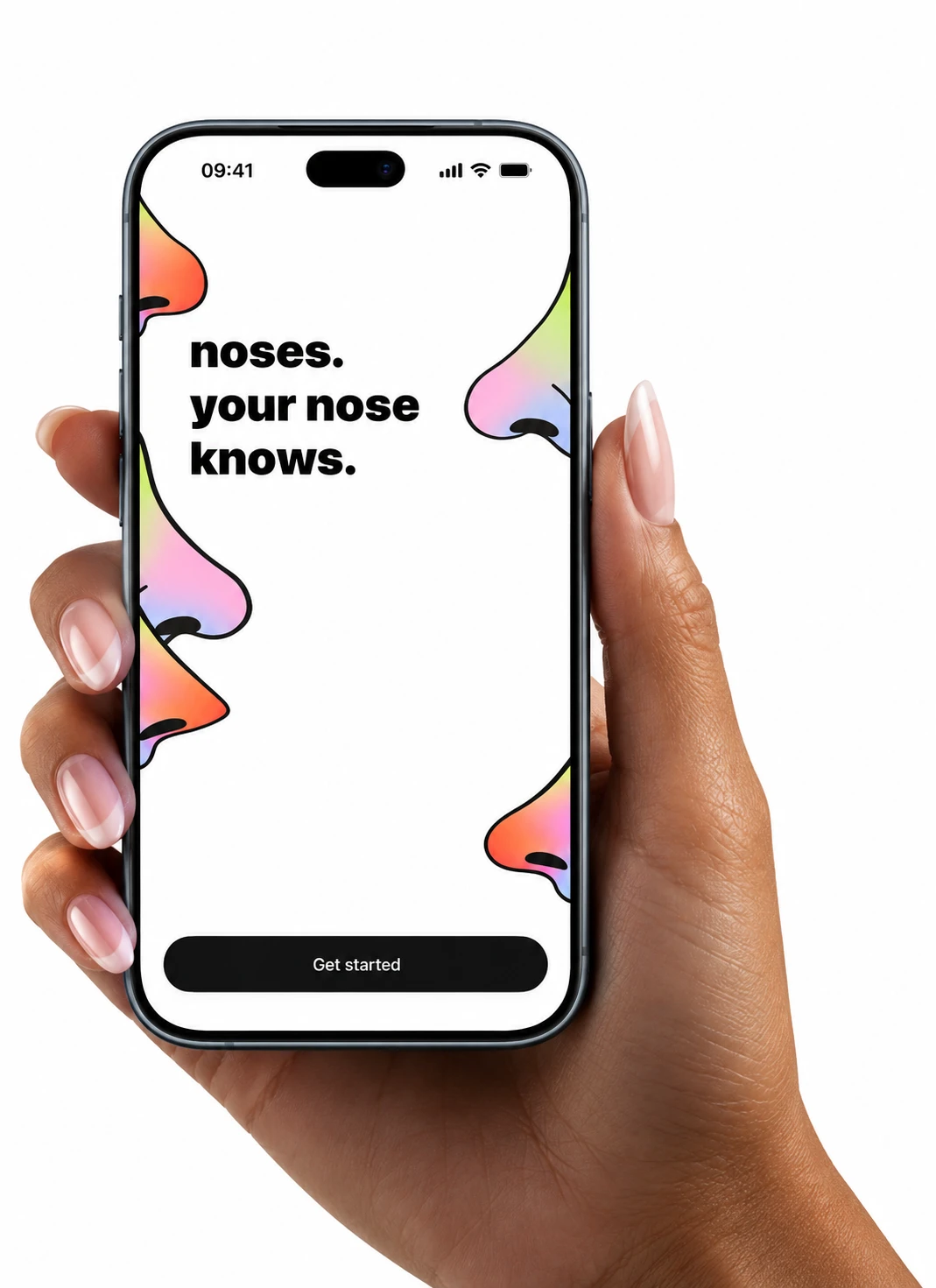 The noses app on an iPhone, showing its welcome screen: noses. your nose knows.